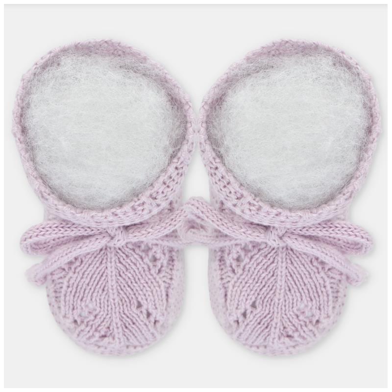 Knit baby booties in lavender with decorative pattern and bows, designed for infants.