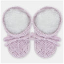 Knit baby booties in lavender with decorative pattern and bows, designed for infants.
