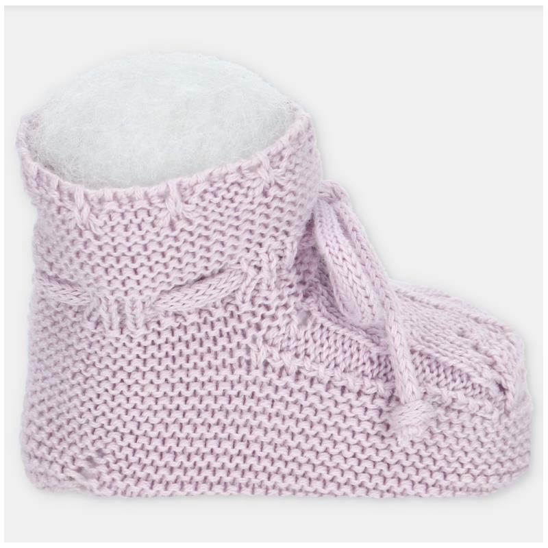 Knit baby girl bootie in lavender, featuring a soft, textured design with ties and a fluffy interior.