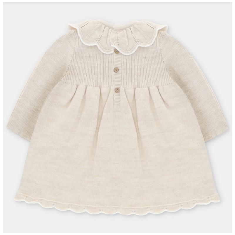 Draylon knitted dress for baby girls in beige, featuring a scalloped collar, button front, and long sleeves.