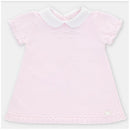 Light pink knit dress for baby girls featuring short ruffled sleeves and a white collar, with decorative stitching details.