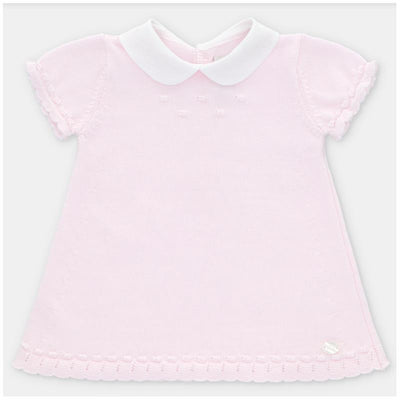 Light pink knit dress for baby girls featuring short ruffled sleeves and a white collar, with decorative stitching details.