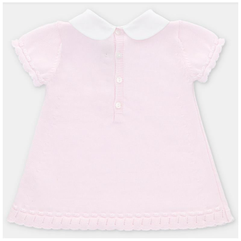 Light pink knit dress for baby girls, featuring a white collar, short sleeves, and decorative buttons.