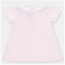Light pink knit dress for baby girls, featuring a white collar, short sleeves, and decorative buttons.