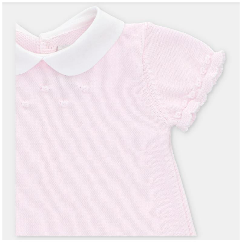 Light pink knit dress for baby girls featuring a white collar and decorative stitched details on the front.
