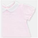 Light pink knit dress for baby girls featuring a white collar and decorative stitched details on the front.