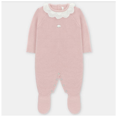Baby pink long romper with feet, featuring a scalloped white collar and snap buttons at the bottom.
