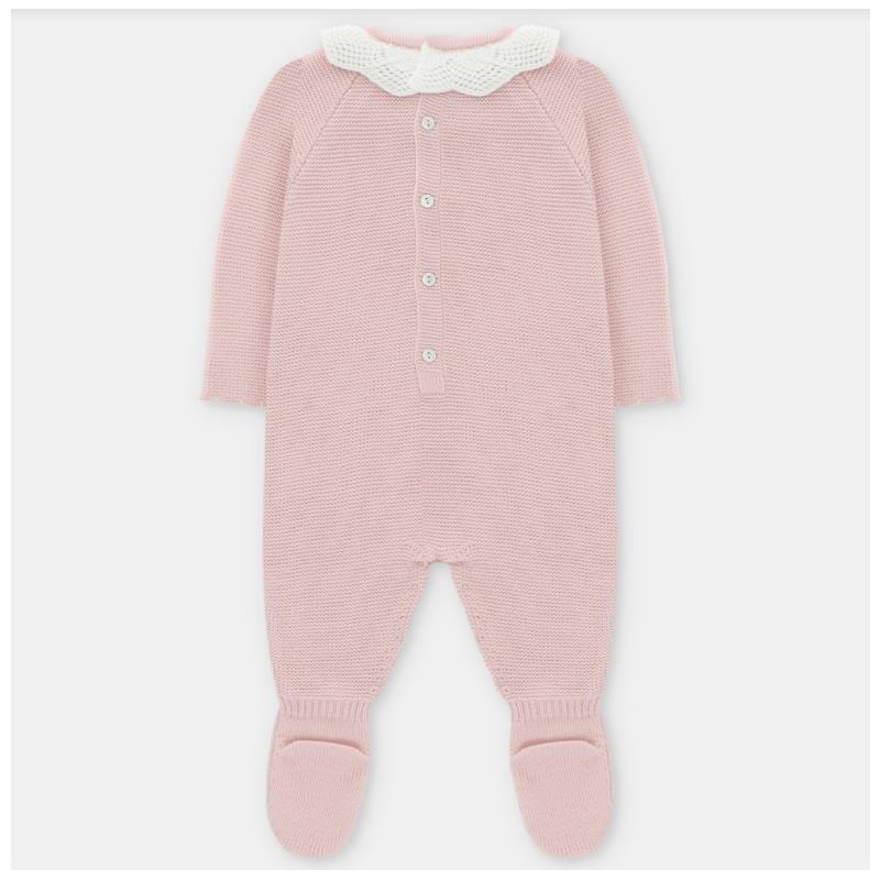 Baby girl long romper in baby pink with a white knit collar and feet, featuring a button-up front.