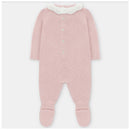Baby girl long romper in baby pink with a white knit collar and feet, featuring a button-up front.