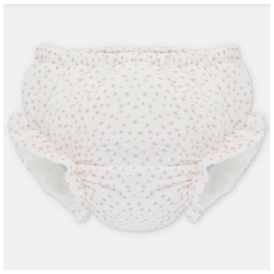 Baby girl separate bloomer in Preston White with a soft fabric and pink star print, featuring ruffled edges.