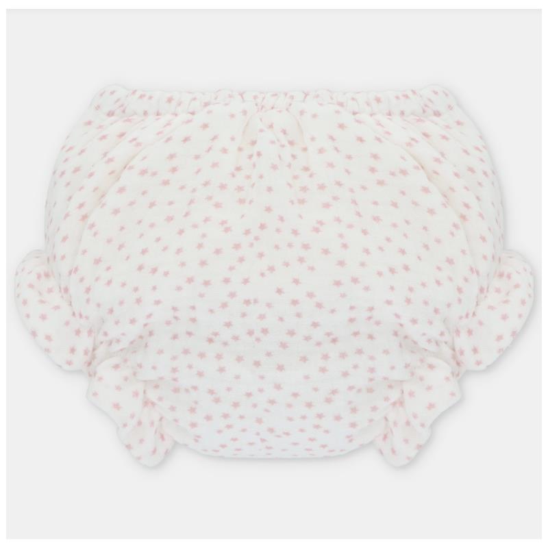 White baby girl bloomer with a pink star pattern and ruffled edges, designed for comfort and style.
