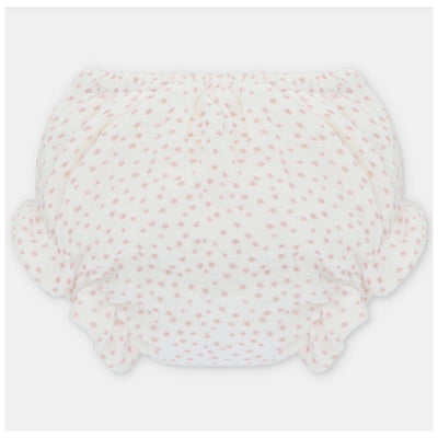 White baby girl bloomer with a pink star pattern and ruffled edges, designed for comfort and style.