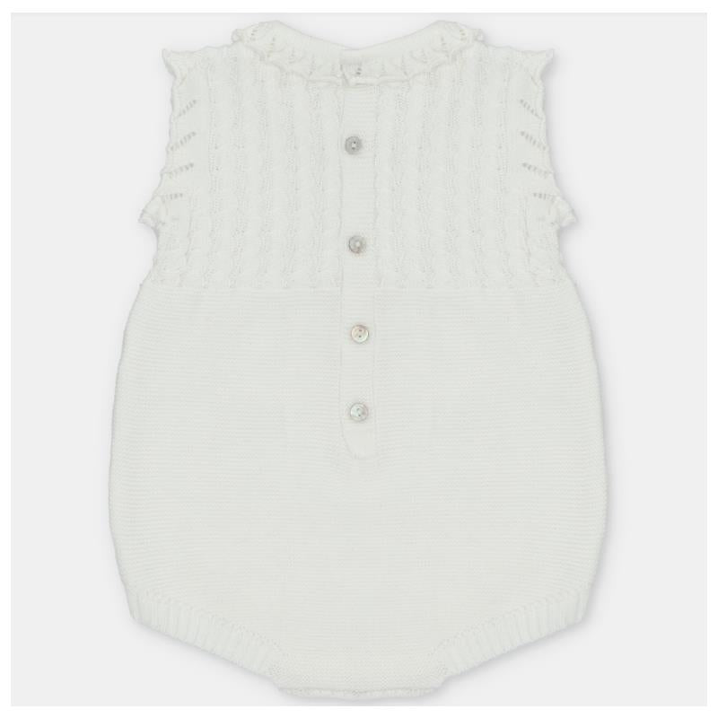 Light pink knitted baby girl short romper featuring ruffled sleeves and a button closure at the back.