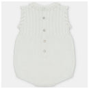 Light pink knitted baby girl short romper featuring ruffled sleeves and a button closure at the back.