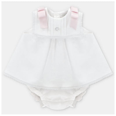 Baby dress set in white with pink bow straps, featuring a pleated bodice and matching bloomer bottom.