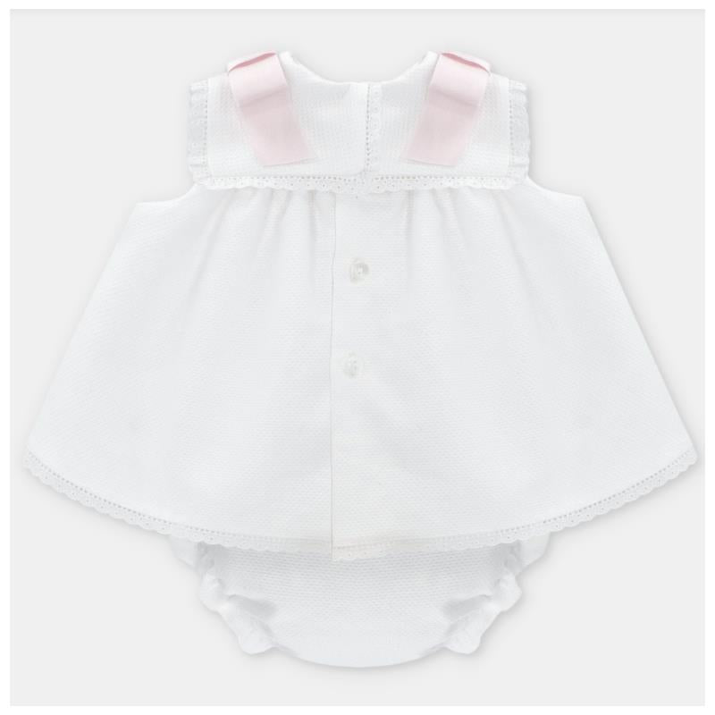 Baby girl dress and bloomer set in white with pink ribbon accents and lace trim, featuring back button closure.