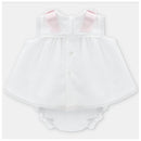 Baby girl dress and bloomer set in white with pink ribbon accents and lace trim, featuring back button closure.