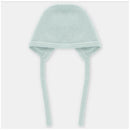 Baby knit bonnet in Edmonton Blue, featuring ear flaps and ties for secure fit. Soft, pastel-colored knit texture.