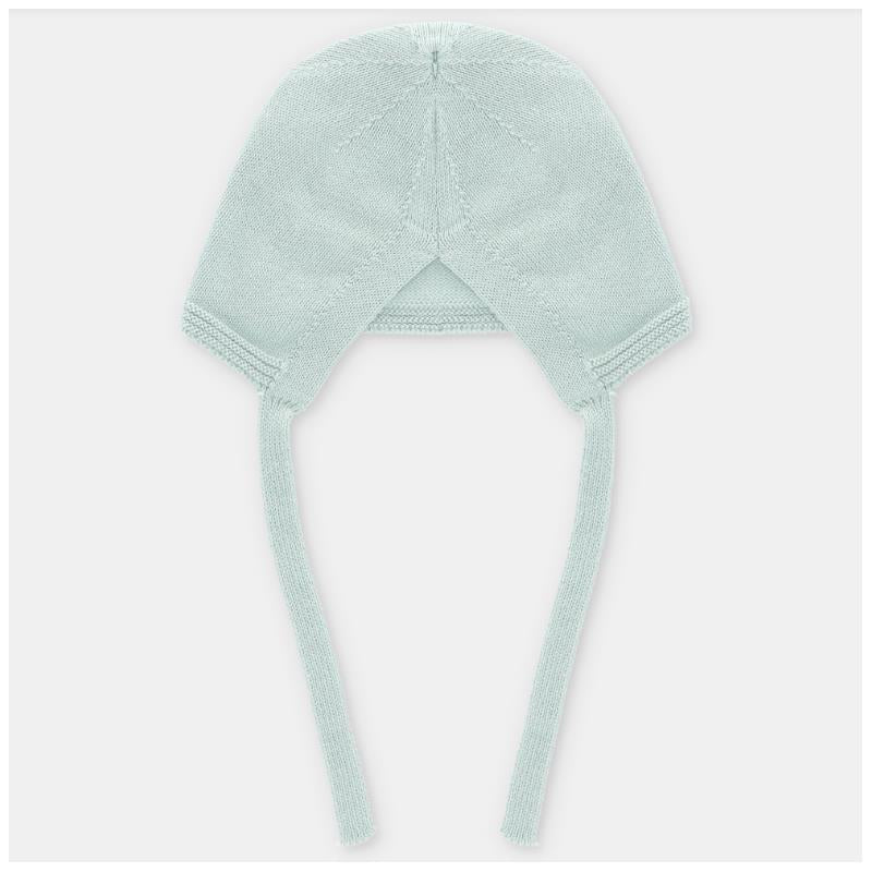 Baby knit bonnet in Edmonton blue, featuring a soft, stretchy design with ties for secure fitting.
