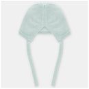 Baby knit bonnet in Edmonton blue, featuring a soft, stretchy design with ties for secure fitting.