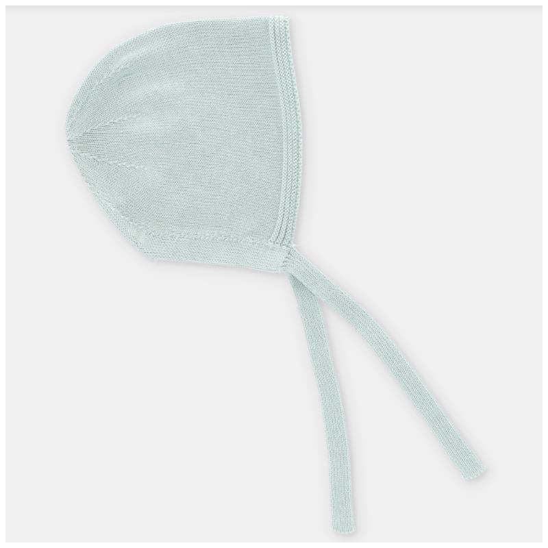Baby knit bonnet in Edmonton blue, featuring ties and a soft, textured fabric.