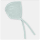Baby knit bonnet in Edmonton blue, featuring ties and a soft, textured fabric.
