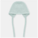 Pastel blue baby knit bonnet with ties, soft texture, designed for infants, showcasing simple and cozy style.