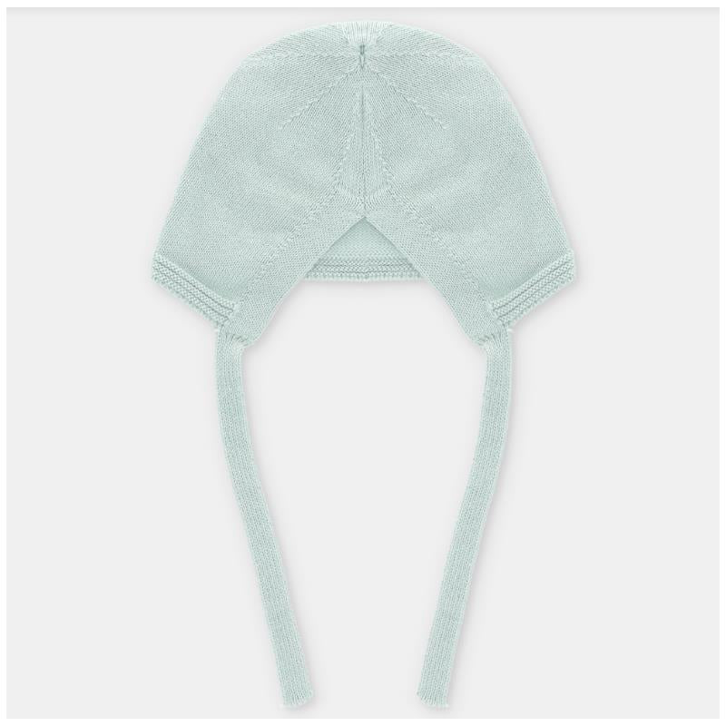 Pastel blue baby knit bonnet with ties, featuring a soft texture and structured design, suitable for infants.