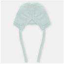 Pastel blue baby knit bonnet with ties, featuring a soft texture and structured design, suitable for infants.