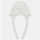 Beige baby knit bonnet with side ties and braided detailing, designed for infants.