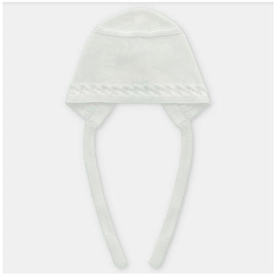 Beige baby knit bonnet with side ties and braided detailing, designed for infants.