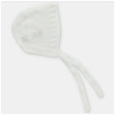 Beige baby knit bonnet with a rounded top and ties, featuring decorative stitching along the edge.