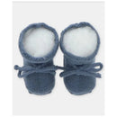 Light blue knitted baby booties with white fluffy lining and tied laces, designed for comfort and style.