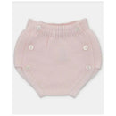 Light pink baby knit bloomer with ribbed waist and four white buttons on the side.