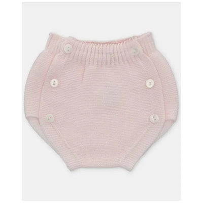 Light pink baby knit bloomer with ribbed waist and four white buttons on the side.
