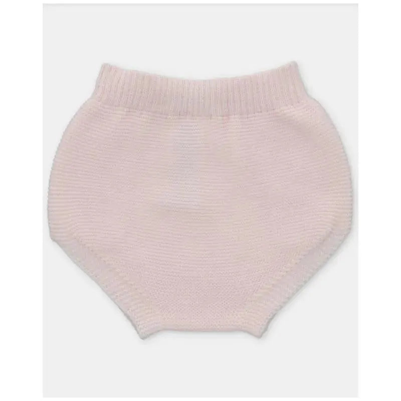 Light pink knitted baby bloomer with a stretchy waistband and ribbed texture, ideal for comfortable wear.