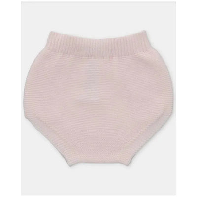 Light pink knitted baby bloomer with a stretchy waistband and ribbed texture, ideal for comfortable wear.