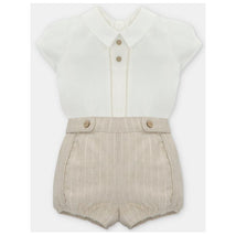 Baby set featuring a white collared shirt with button details and beige striped bloomers.