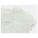 Baby short romper in white with a soft collar, delicate polka dots, and a decorative button on the front.