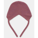 Basic knit bonnet in plum color with side ties, designed for infants, showcasing textured fabric.