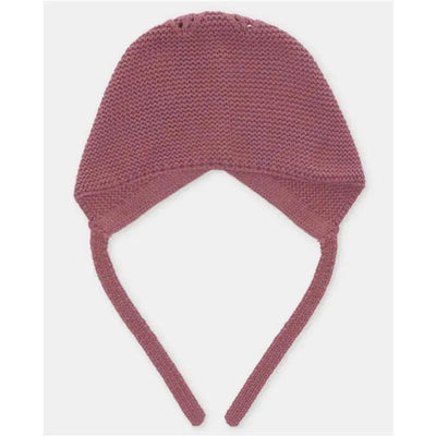 Basic knit bonnet in plum color with side ties, designed for infants, showcasing textured fabric.