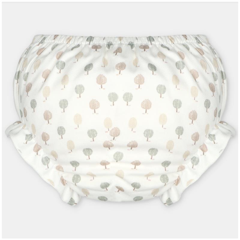 Woven fabric bloomer in Aller Beige with a whimsical tree pattern in soft colors.