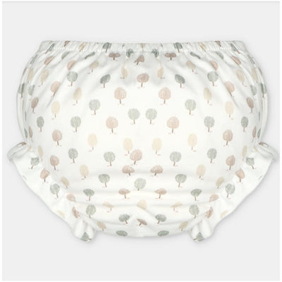 Woven fabric bloomer featuring a whimsical tree print in soft pastel colors.