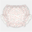 Woven fabric bloomers with a floral print in pink and white, featuring gathered detailing at the waist and legs.