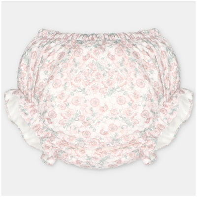 Woven fabric bloomers with a floral print in pink and white, featuring gathered detailing at the waist and legs.