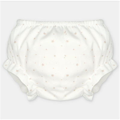 Woven fabric bloomer in Onis Beige with a light star pattern and ruffled edges.
