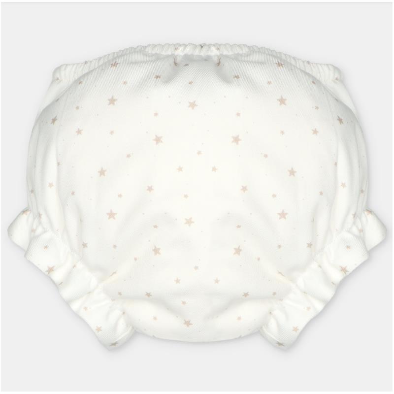 Woven fabric bloomer in Onis Beige with a light background and small star patterns, featuring gathered elastic edges.