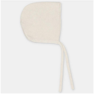 Sweater knit cotton blend bonnet in a light cream color, featuring ties for secure fit.