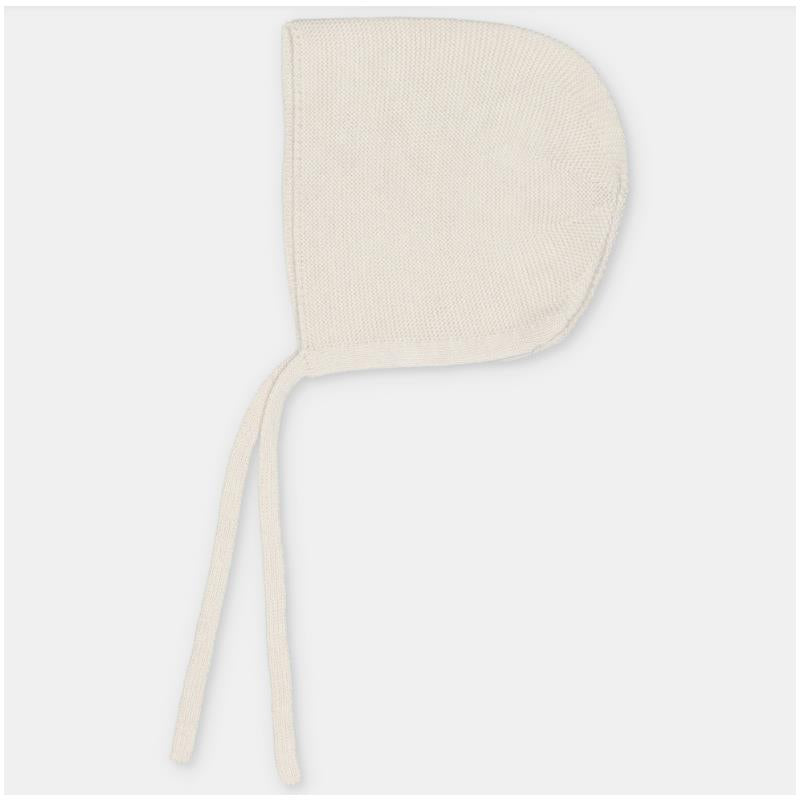 Cotton blend bonnet in sweater knit, featuring a cream color and tie straps for securing under the chin.