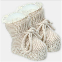 Martin Aranda booties in a soft sweater knit cotton blend, featuring a lace trim and bow detail.